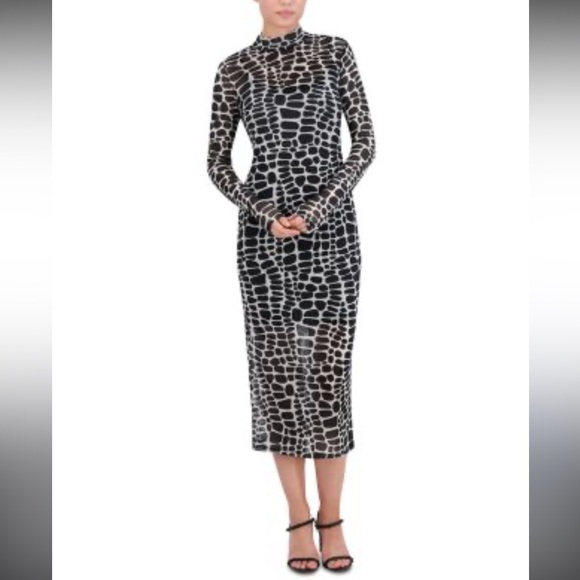 BCBGMAXAZRIA Black & White Animal Print Midi Dress XXS NWT Sheer With Liner - Picture 1 of 11